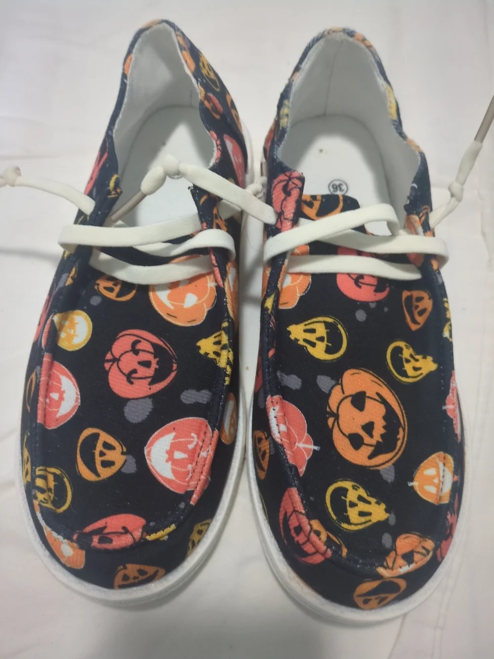 Ladies Black Halloween Pumpkin Print Slip-On Shoes